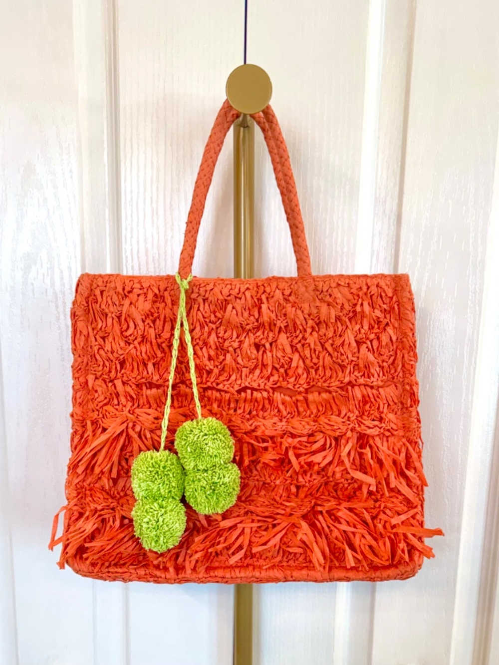 Vintage Paper Straw Fringed Handbag Tote, Tangerine, Lime Green Pompom's, Lined